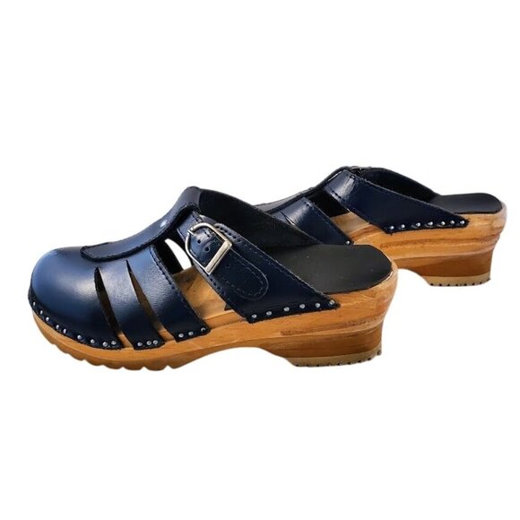 Troentorp Swedish Leather Clogs Navy Cut-Out Wood Sole Sandals Size 36 - Picture 4 of 11